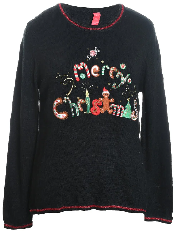 Black Sequined & Embroidered Christmas Jumper - L