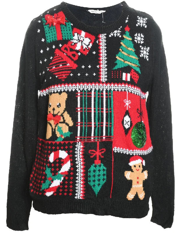 Black Teddy Bear Design Christmas Jumper - L