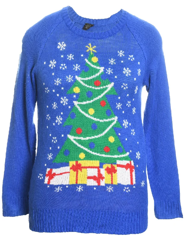 Christmas Tree Design Blue Knit Jumper - S