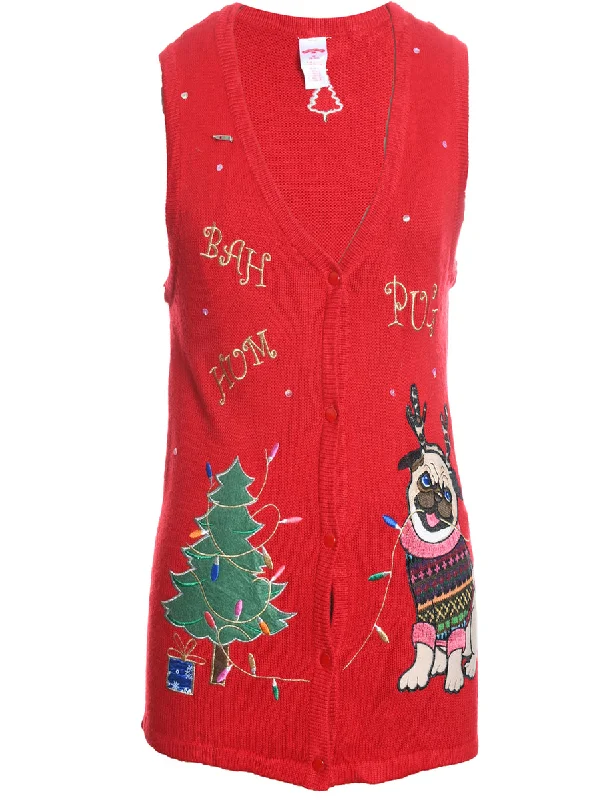 Christmas Tree Print Sweater Vest - M