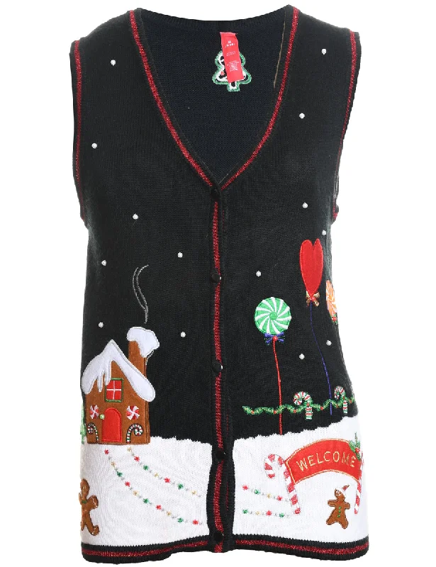 Festive Print Christmas Sweater Vest - M