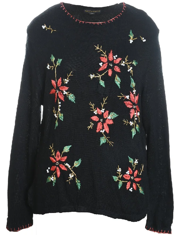 Floral Design Black & Red Embroidered Christmas Jumper - L