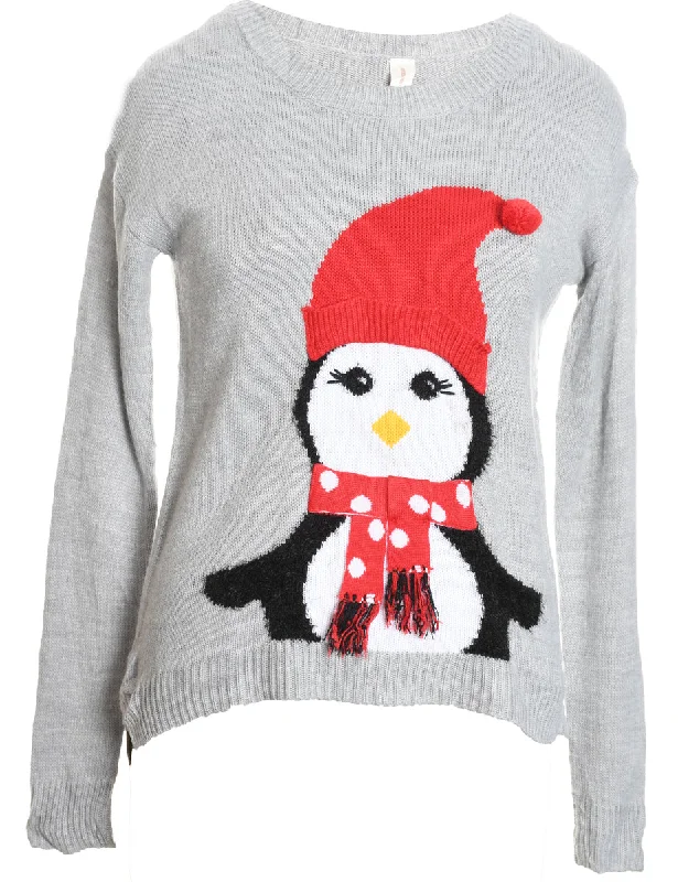 Grey, Red & White Penguin Design Knit Christmas Jumper - M