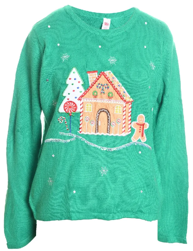 Light Green Knit Gingerbread Design Christmas Jumper - M