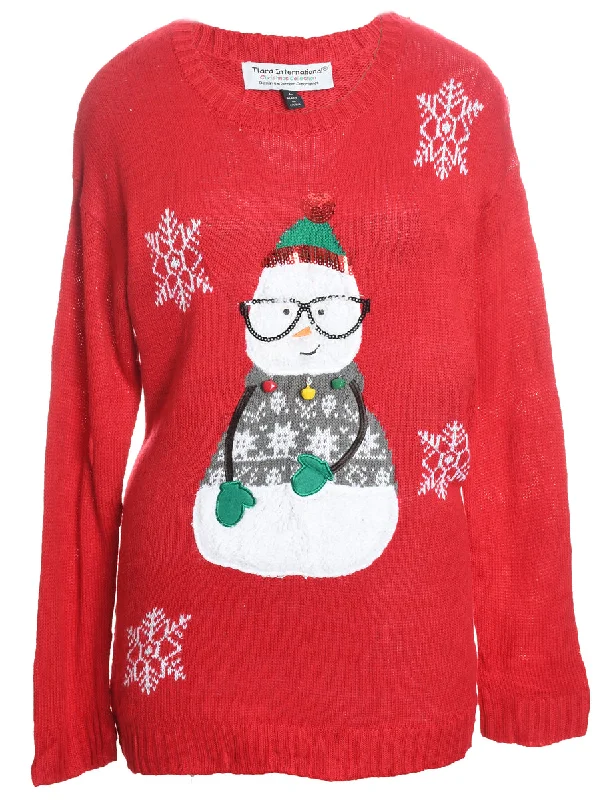 Red Knit Snowman Design Christmas Jumper  - L