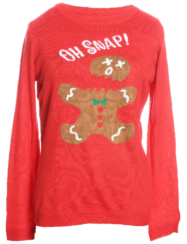 Red & White Knit Gingerbread Design Christmas Jumper - M