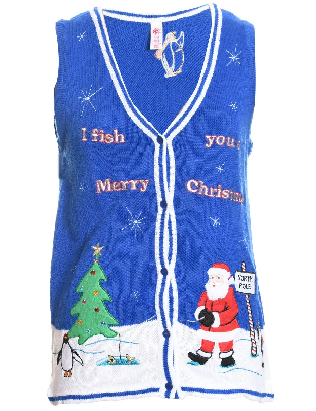 Santa Claus Design Blue Knit Christmas Sweater Vest - S