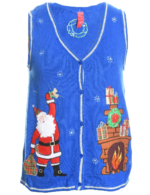 Santa Claus Design Blue Knit Embroidered Vest - S