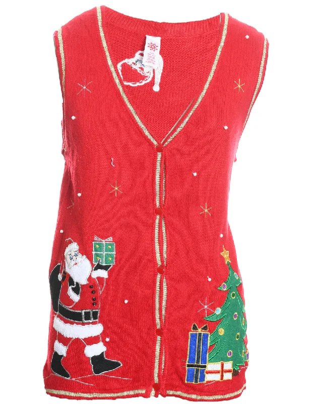 Santa Claus Design Embroidered Red Knit Vest - L