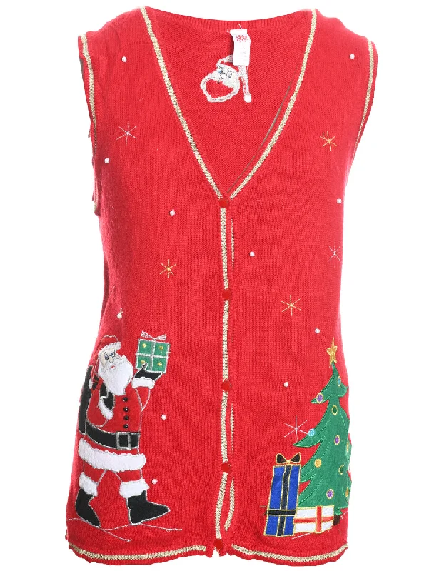 Santa Claus Design Red Christmas Sweater Vest - L