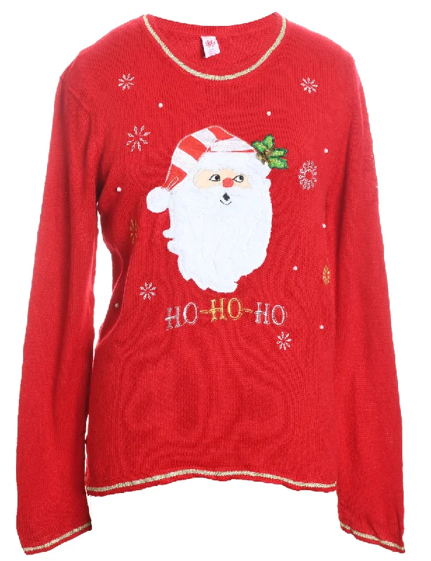 Santa Claus Design Red Embroidered Christmas Jumper - L