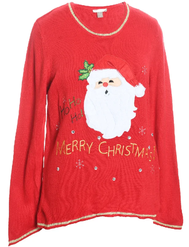 Santa Claus Design Red Embroidered Christmas Jumper - L