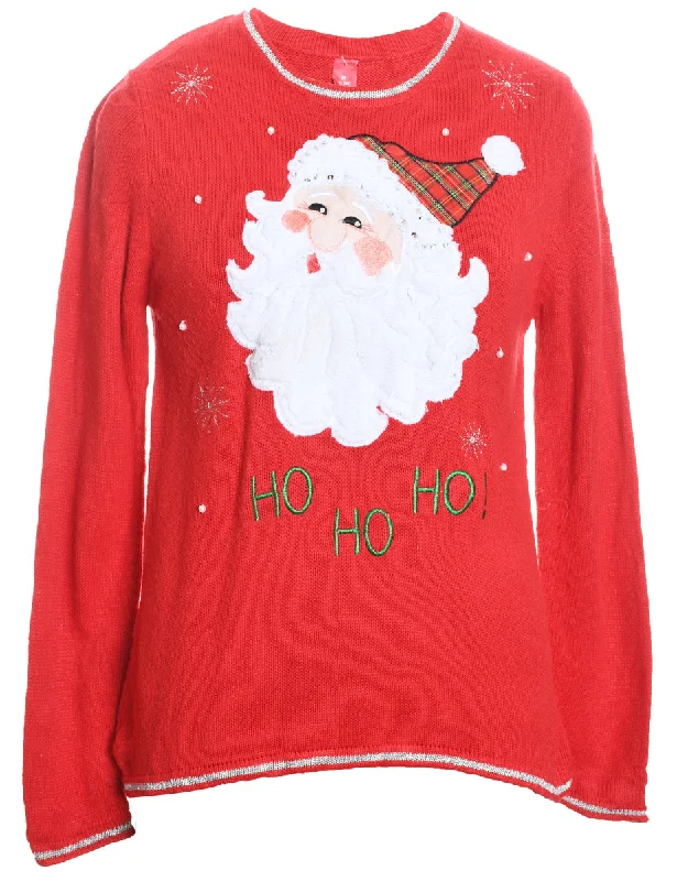 Santa Claus Design Red Embroidered Christmas Jumper - M