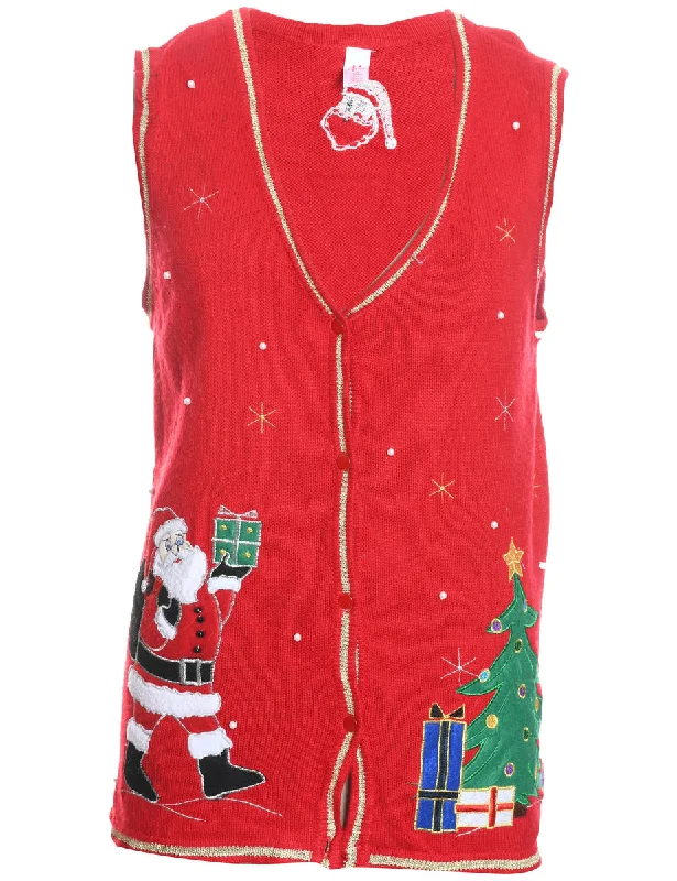 Santa Claus Design Red Embroidered Christmas Vest - L