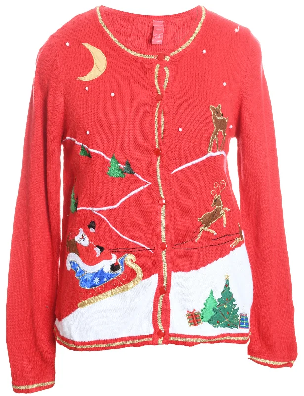 Santa Claus & Reindeer Lurex Knit Christmas Cardigan - M