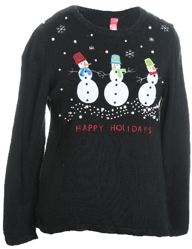 Snowman Design Black Knit Christmas Jumper - M