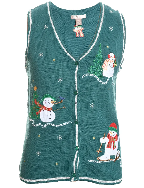 Snowman Design Green Embroidered Knit Christmas Vest - M