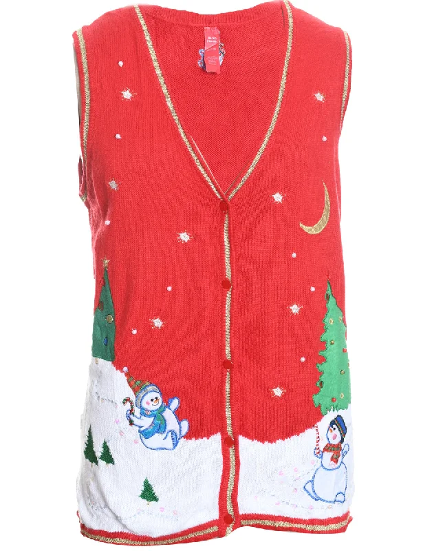 Snowman Design Red Embroidered Christmas Vest - XL