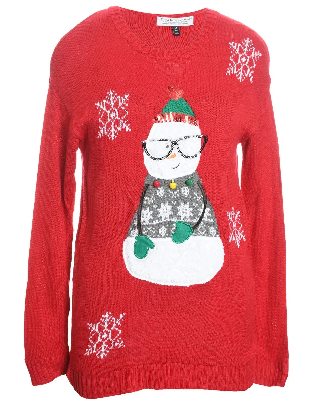 Snowman Design Red Knit Christmas Jumper - M