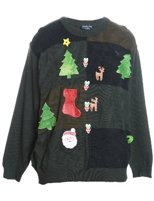 Wool Dark Green Knit Christmas Jumper - M