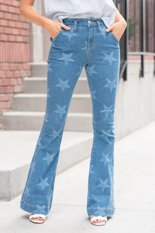 High Rise Star Print Trouser Hem Flare